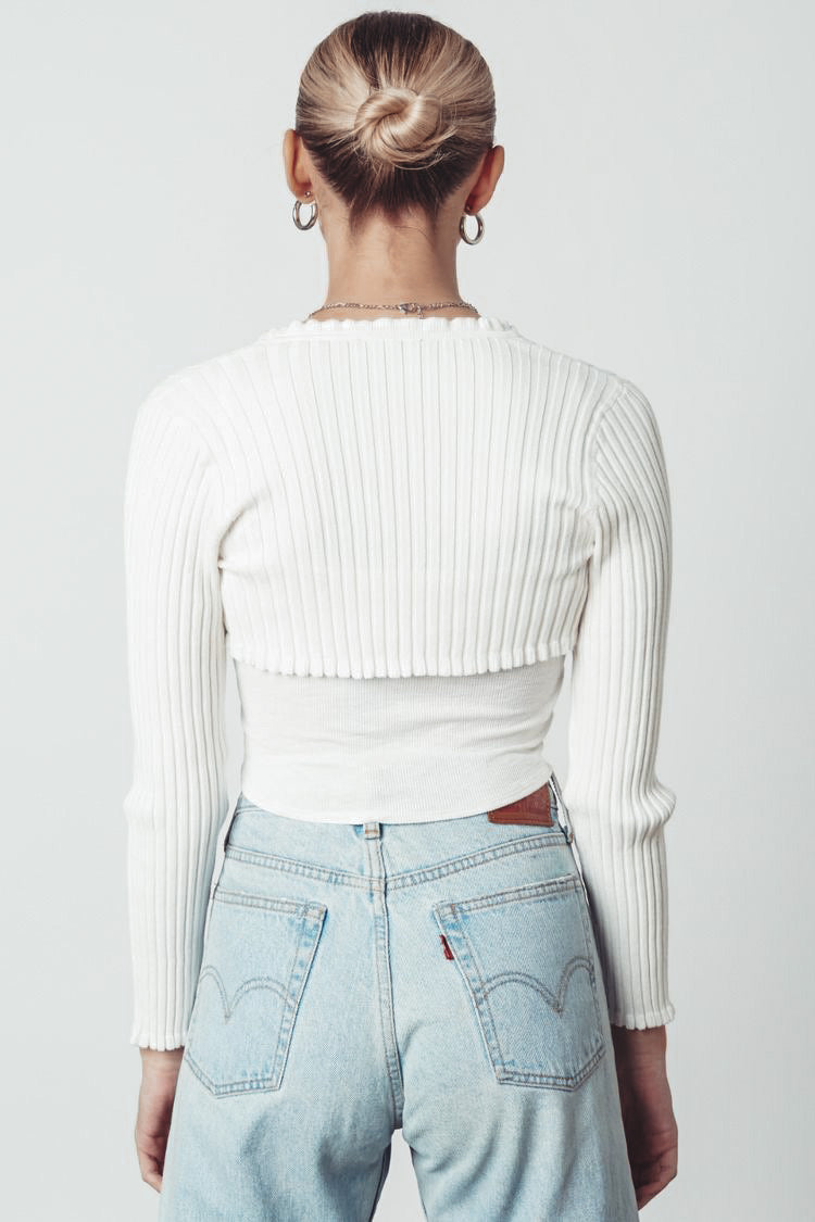White Shrug - Ruffle Sweater Sleeve Shrug - Ribbed Sweater Sleeve